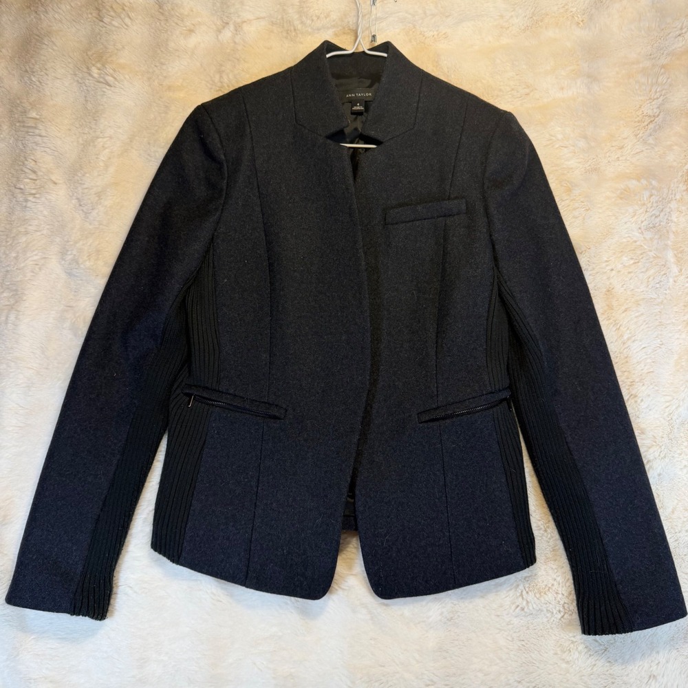 Ann Taylor Womens Blazer Jacket Dark Gray Collarless Zip Pockets Size 4